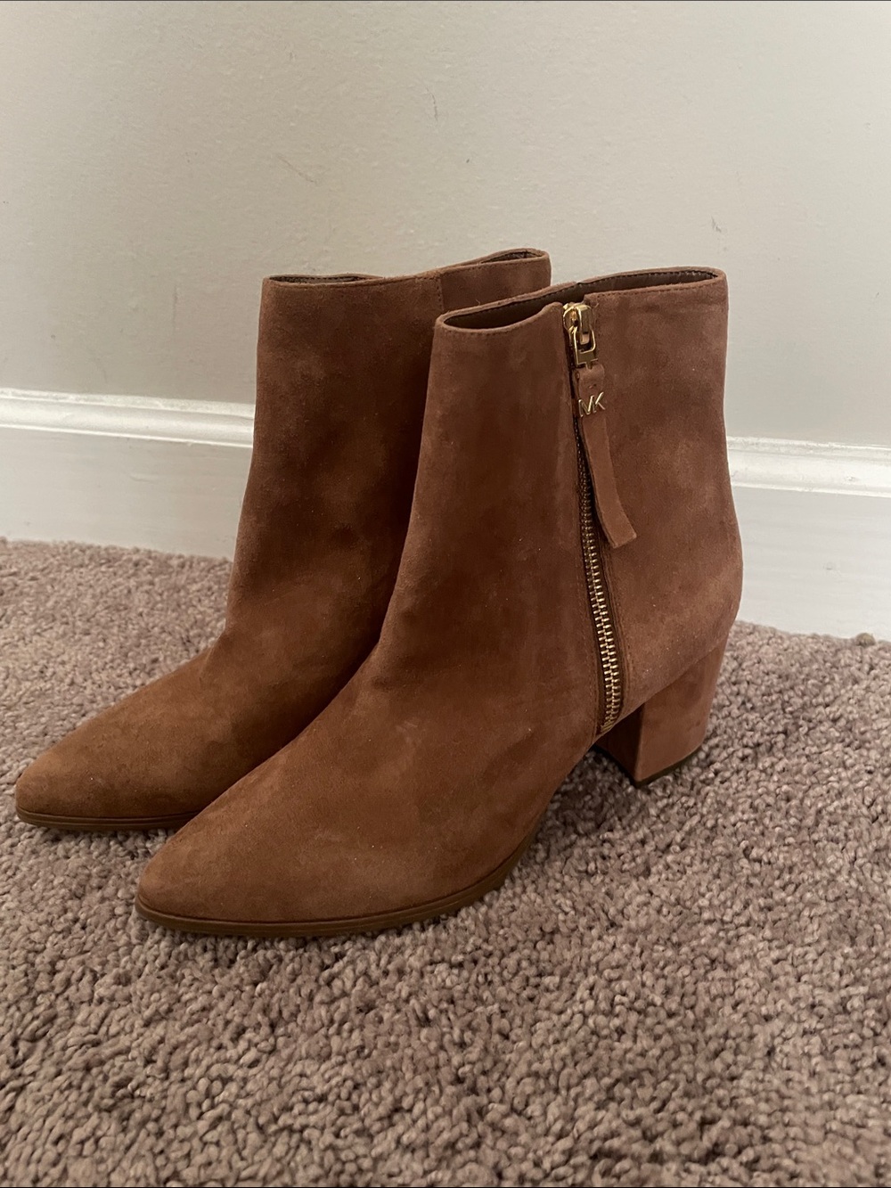 Michael Kors Chestnut Suede Block Heel Ankle Boots with Side Zip - Picture 1 of 1